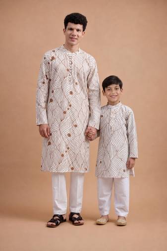 Brown woven & floral printed cotton kurta pant set father son matching combo