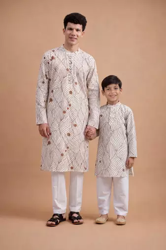 Brown woven & floral printed cotton kurta pant set father son matching combo