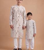 Brown woven & floral printed cotton kurta pant set father son matching combo