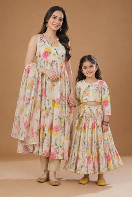 Multicolor floral printed chanderi anarkali set & lehenga choli mother daughter matching combo 1