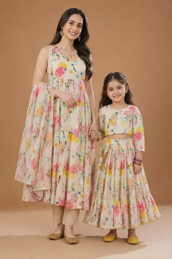 Multicolor floral printed chanderi anarkali set & lehenga choli mother daughter matching combo