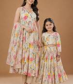 Multicolor floral printed chanderi anarkali set & lehenga choli mother daughter matching combo