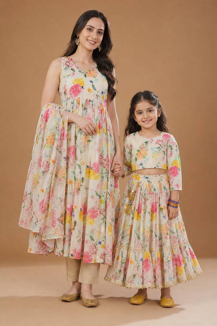 Multicolor floral printed chanderi anarkali set & lehenga choli mother daughter matching combo
