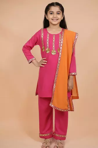 Pink embroidered cotton full sleeve kurta set mother daughter matching combo