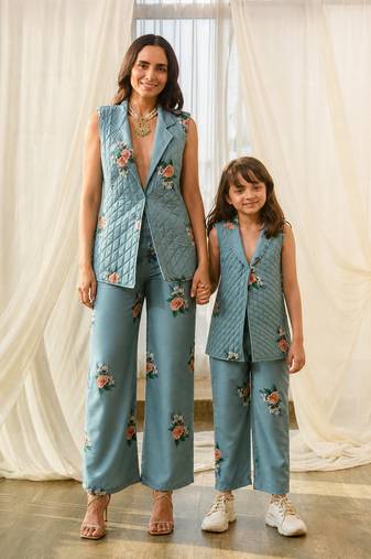 Dusty teal beaded & solid cotton salwar suit mother daughter matching combo
