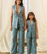 Dusty teal beaded & solid cotton salwar suit mother daughter matching combo