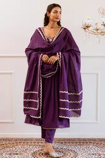 Purple gota patti & solid blended cotton anarkali set mother daughter matching combo