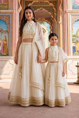 Ivory & white gota patti georgette & net lehenga choli mother daughter matching combo 1