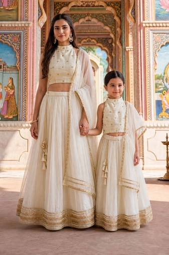 Ivory & white gota patti georgette & net lehenga choli mother daughter matching combo
