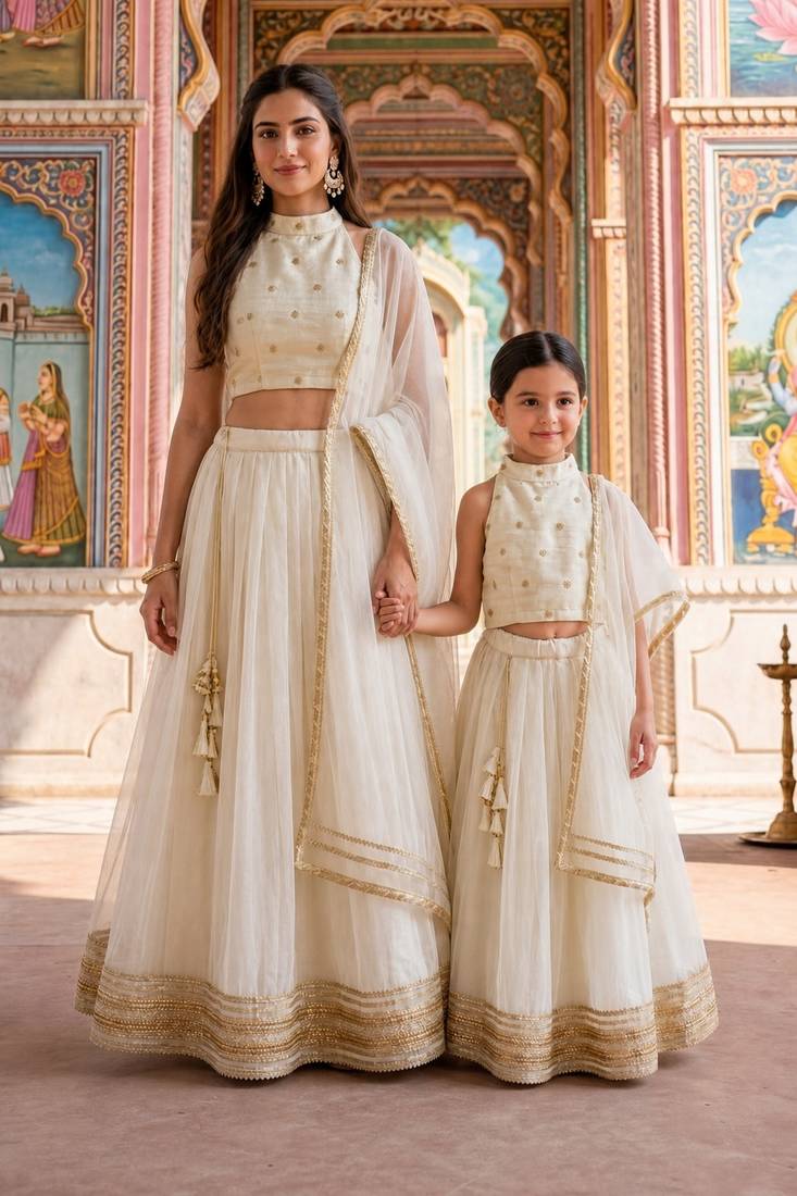 Ivory & white gota patti georgette & net lehenga choli mother daughter matching combo