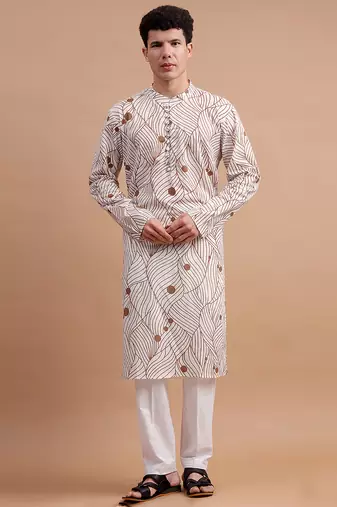 Brown woven & floral printed cotton kurta pant set father son matching combo