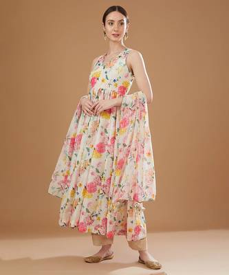 Multicolor floral printed chanderi anarkali set & lehenga choli mother daughter matching combo 2