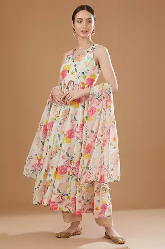 Multicolor floral printed chanderi anarkali set & lehenga choli mother daughter matching combo