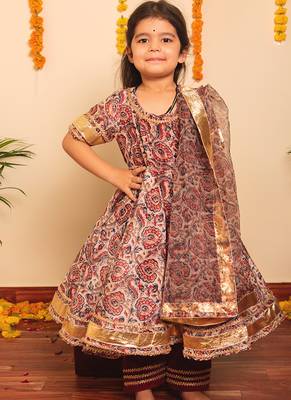 Maroon & brown floral printed & gota patti organza anarkali set mother daughter matching combo 3
