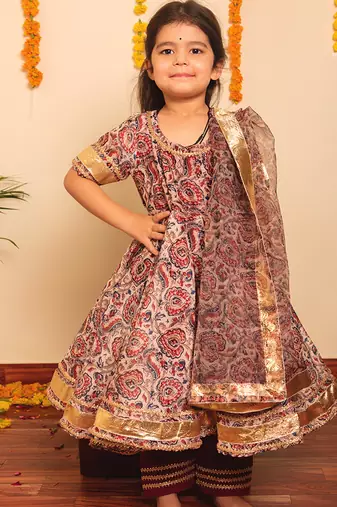 Maroon & brown floral printed & gota patti organza anarkali set mother daughter matching combo
