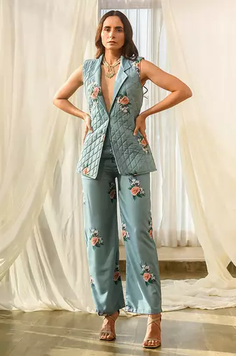 Dusty teal beaded & solid cotton salwar suit mother daughter matching combo