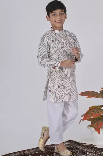 Brown woven & floral printed cotton kurta pant set father son matching combo