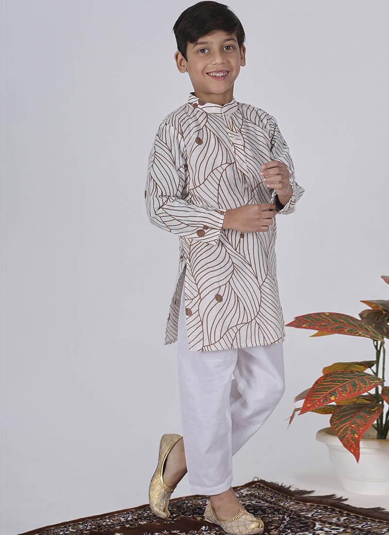 Brown woven & floral printed cotton kurta pant set father son matching combo