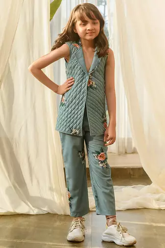 Dusty teal beaded & solid cotton salwar suit mother daughter matching combo