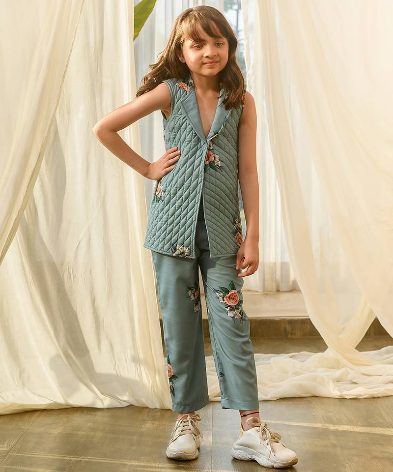 Dusty teal beaded & solid cotton salwar suit mother daughter matching combo