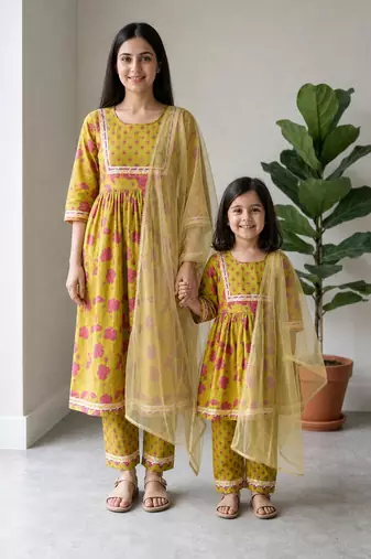 Lime green floral printed cotton salwar suit & kurta set mother daughter matching combo