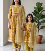 Lime green floral printed cotton salwar suit & kurta set mother daughter matching combo