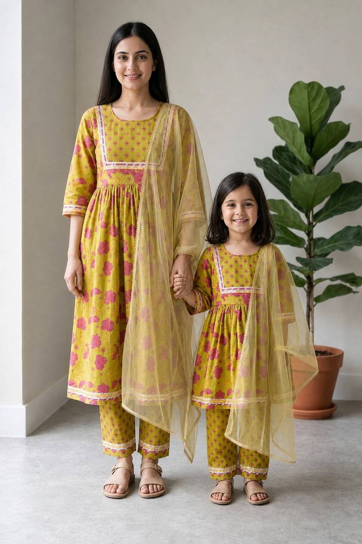 Lime green floral printed cotton salwar suit & kurta set mother daughter matching combo