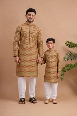 Green woven & floral printed cotton kurta pant set father son matching combo 1