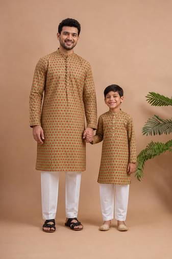 Green woven & floral printed cotton kurta pant set father son matching combo