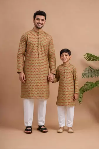 Green woven & floral printed cotton kurta pant set father son matching combo