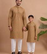 Green woven & floral printed cotton kurta pant set father son matching combo