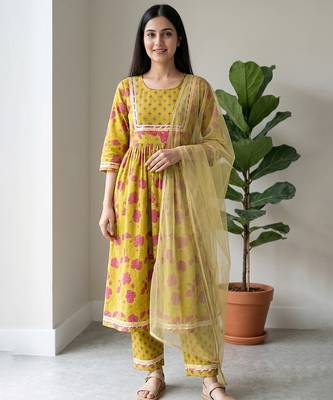 Lime green floral printed cotton salwar suit & kurta set mother daughter matching combo 2