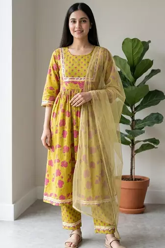 Lime green floral printed cotton salwar suit & kurta set mother daughter matching combo