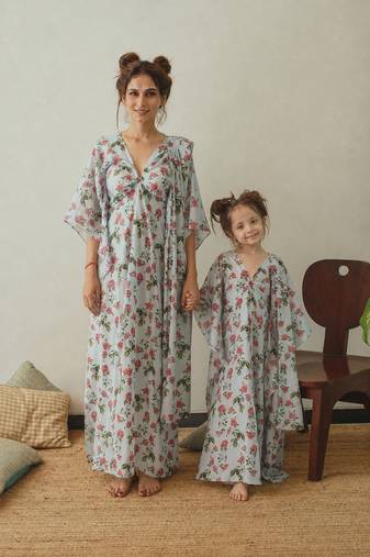 Iceberg blue floral & abstract printed linen kaftan saree mother daughter matching combo