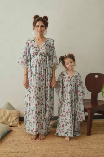 Iceberg blue floral & abstract printed linen kaftan saree mother daughter matching combo