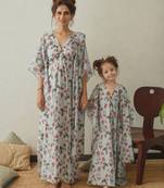 Iceberg blue floral & abstract printed linen kaftan saree mother daughter matching combo