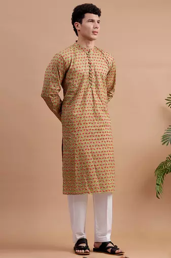 Green woven & floral printed cotton kurta pant set father son matching combo