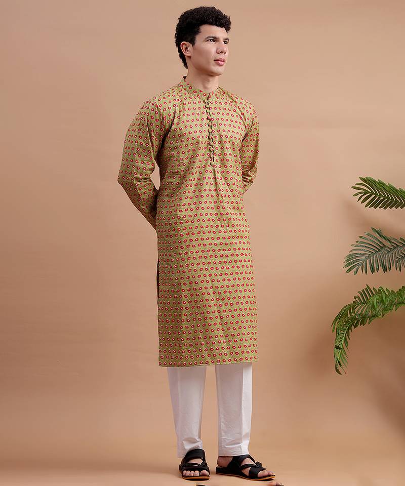 Green woven & floral printed cotton kurta pant set father son matching combo