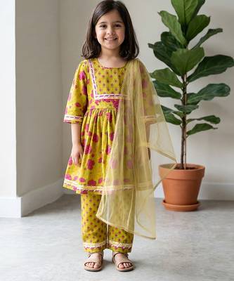 Lime green floral printed cotton salwar suit & kurta set mother daughter matching combo 3