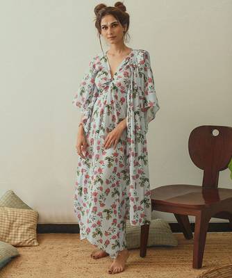 Iceberg blue floral & abstract printed linen kaftan saree mother daughter matching combo 2