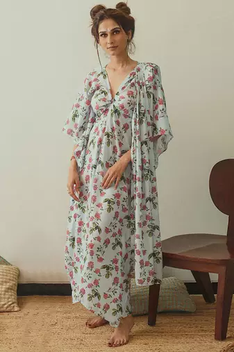 Iceberg blue floral & abstract printed linen kaftan saree mother daughter matching combo