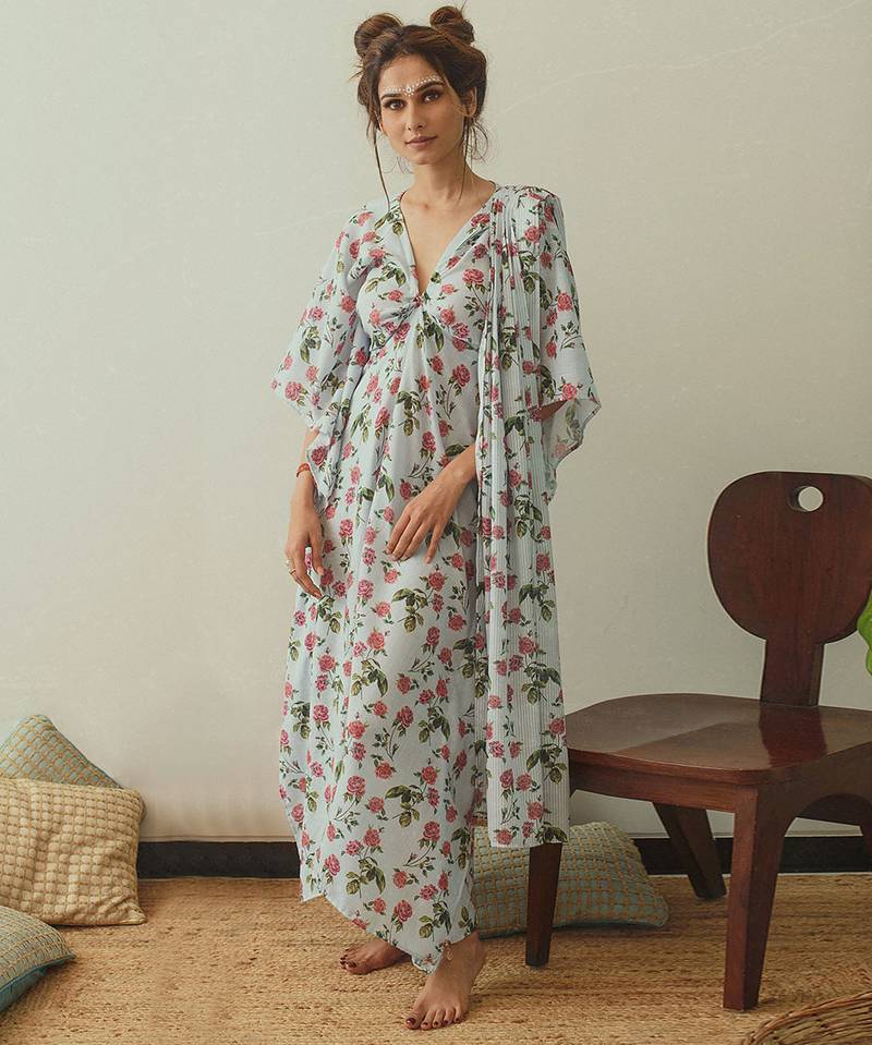 Iceberg blue floral & abstract printed linen kaftan saree mother daughter matching combo