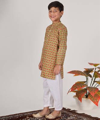 Green woven & floral printed cotton kurta pant set father son matching combo 3