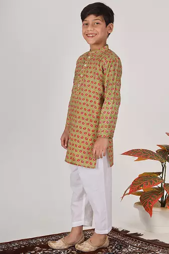 Green woven & floral printed cotton kurta pant set father son matching combo