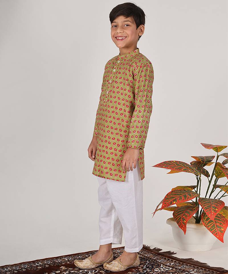 Green woven & floral printed cotton kurta pant set father son matching combo