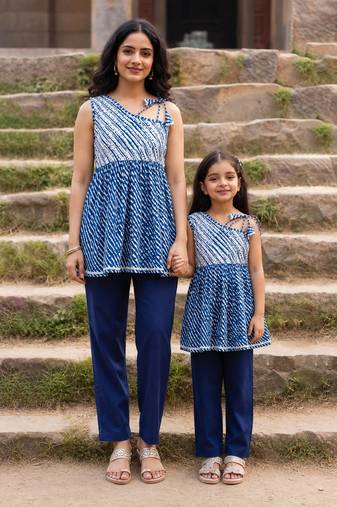 Blue printed cotton kurta set mother daughter matching combo