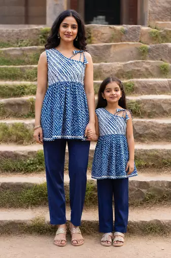 Blue printed cotton kurta set mother daughter matching combo