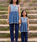 Blue printed cotton kurta set mother daughter matching combo