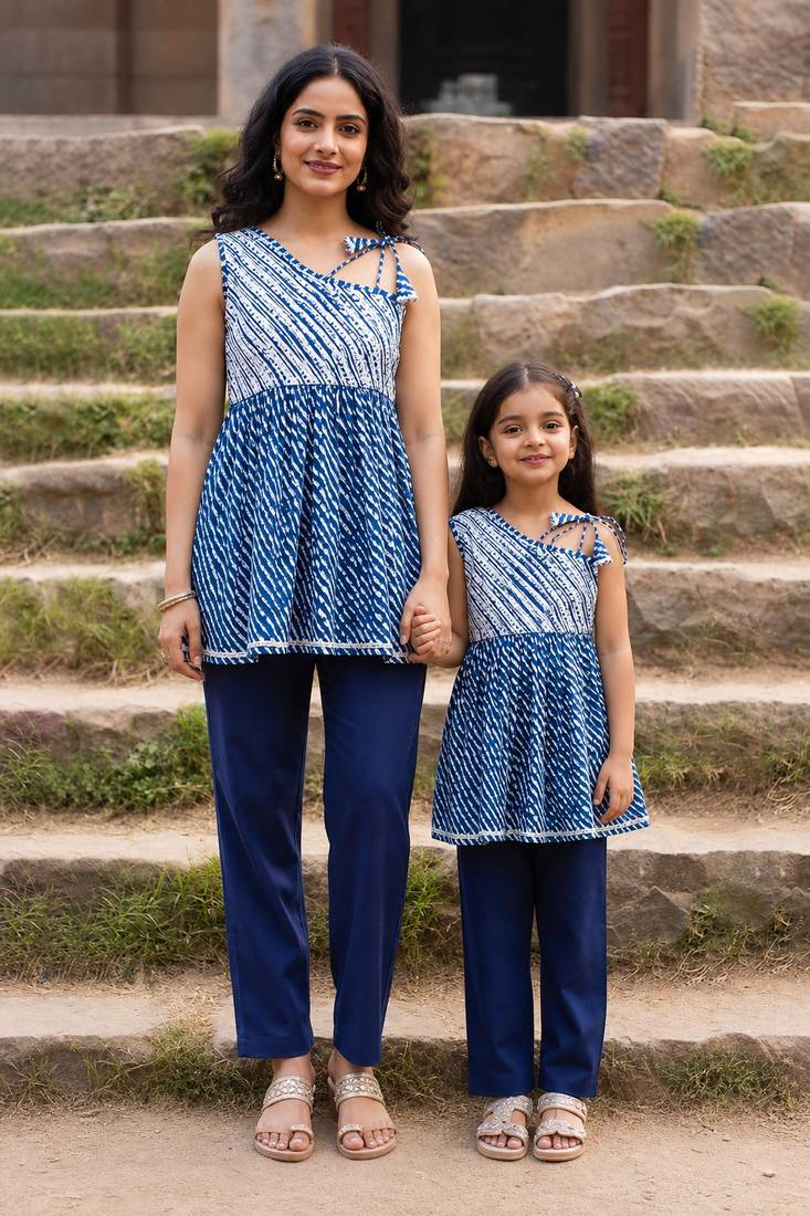 Blue printed cotton kurta set mother daughter matching combo