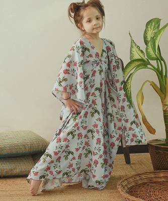 Iceberg blue floral & abstract printed linen kaftan saree mother daughter matching combo 3